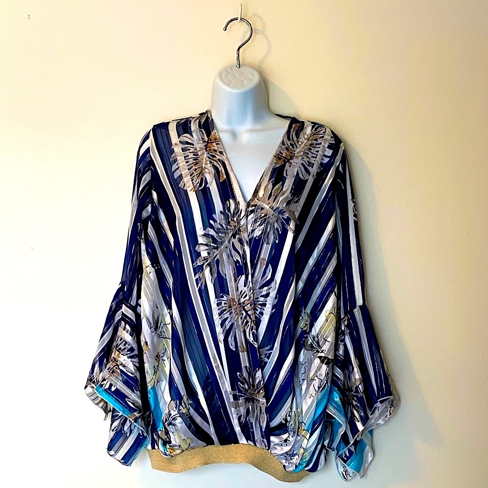 NWOT Beautiful Resort Sheer Wrap top stripped with monstera leaf & shimmer M